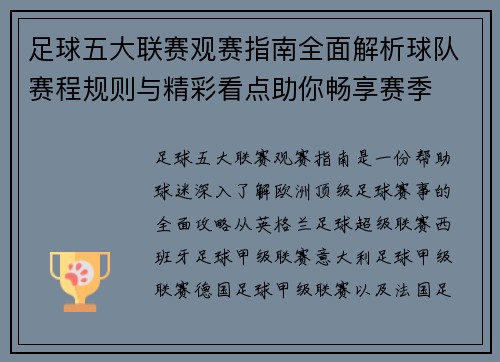 足球五大联赛观赛指南全面解析球队赛程规则与精彩看点助你畅享赛季